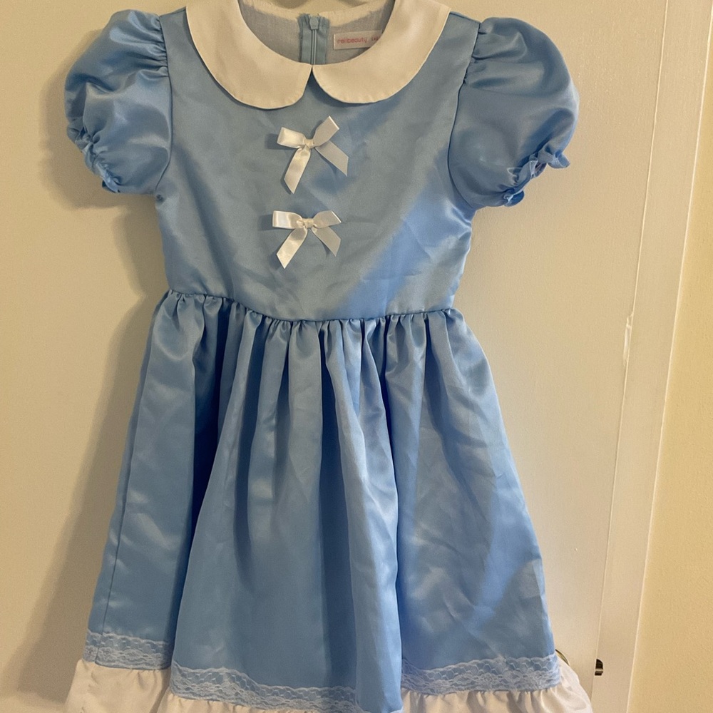 Blue Satin Dress with White Collar and Bows